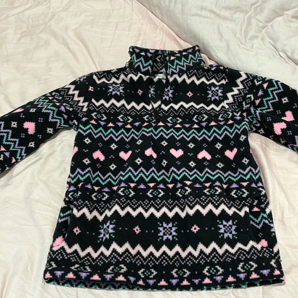 childrens place 7/8 fare isle print black pink 3/4 zip long sleeve fleece euc